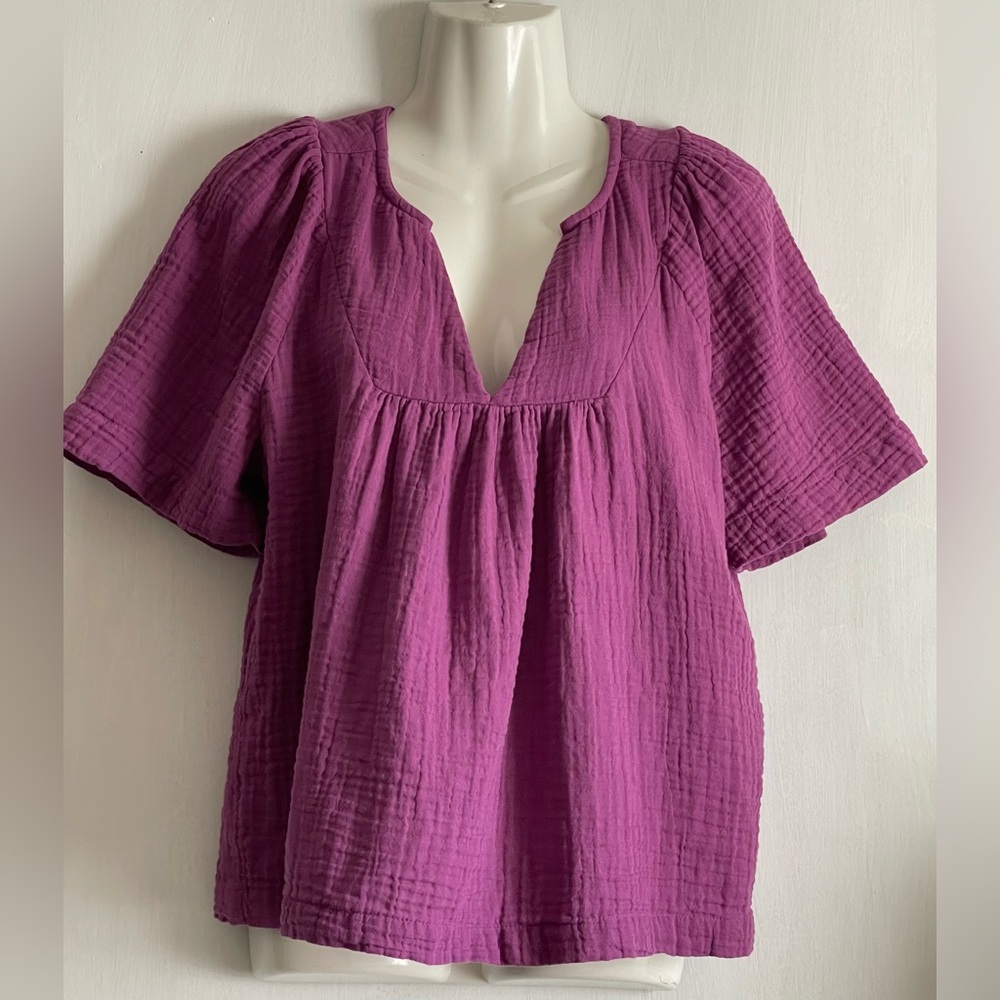 Sundance Pink and Purple Flutter Sleeve Blouse Relaxed Smocked